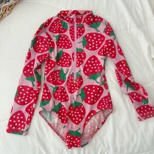 Boden Red and Pink Strawberry Kids Rashguard Swimsuit UPF built in